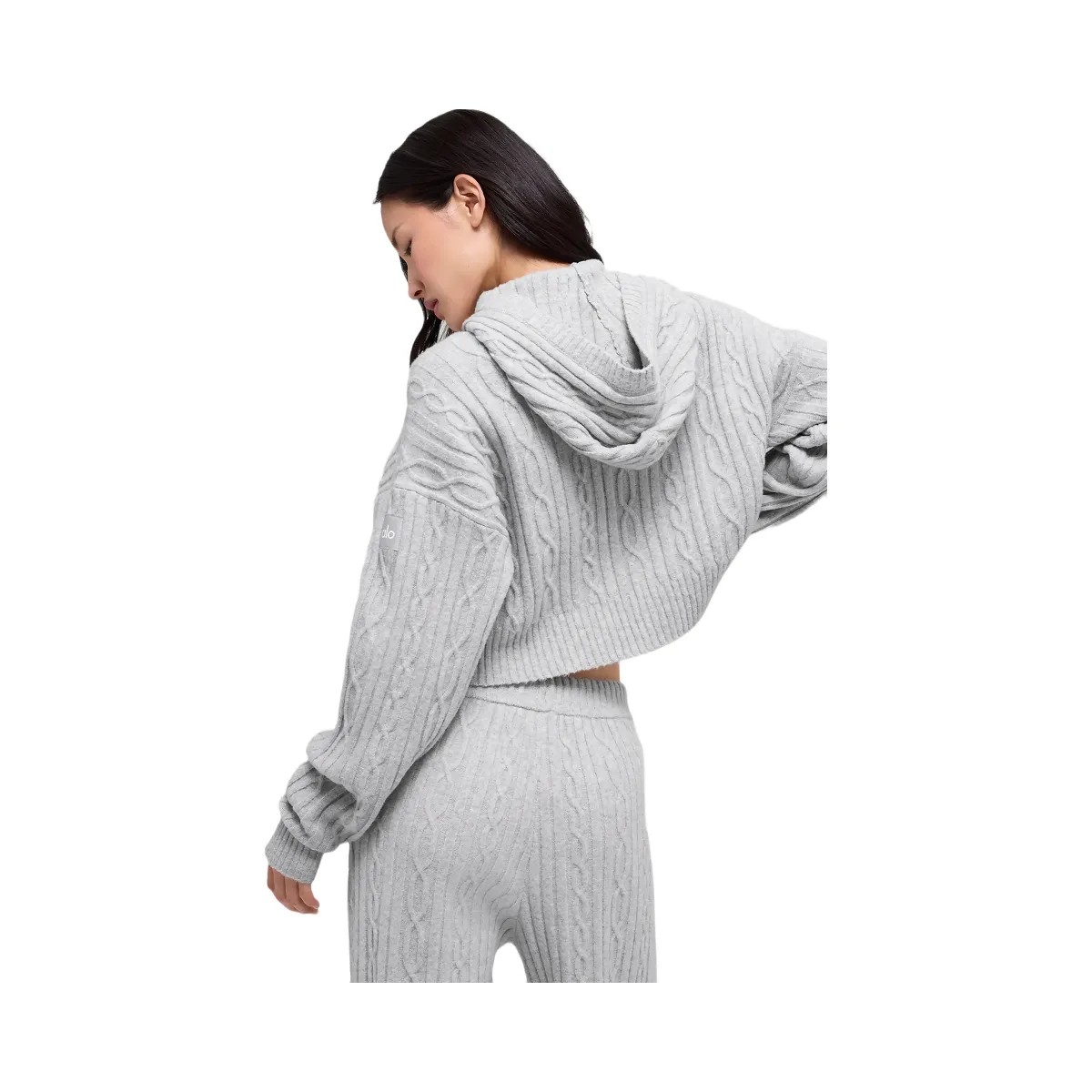 Alo Women's Cable Knit Winter Bliss Hoodie - Athletic Heather Grey - HypeFly India View 3