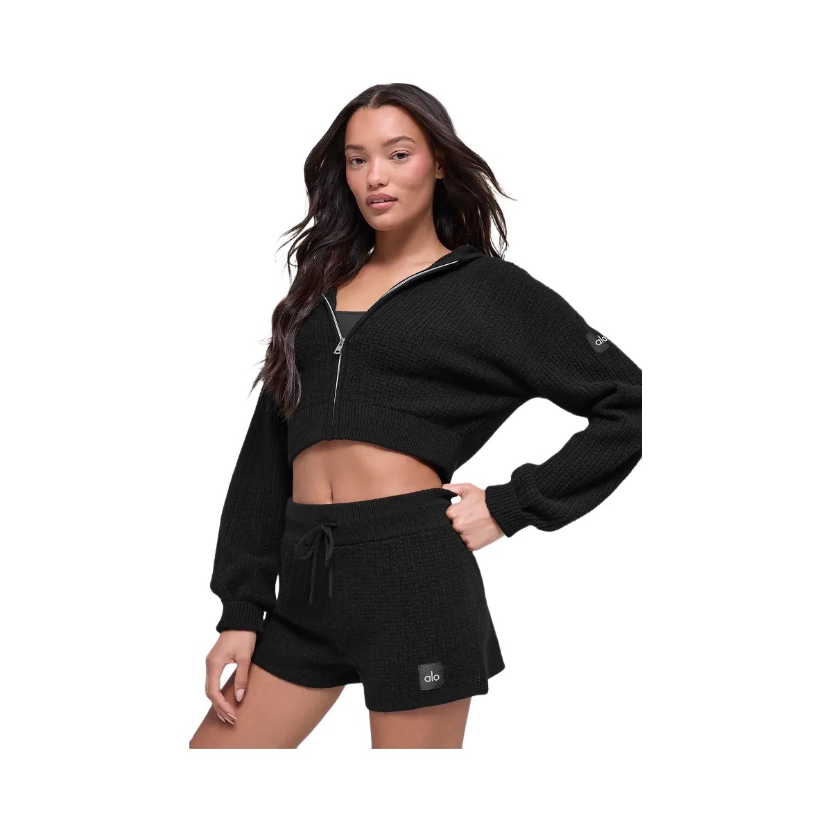 Alo Women's Cashmere Plush Waffle Full Zip Hoodie - Black - HypeFly India View 4
