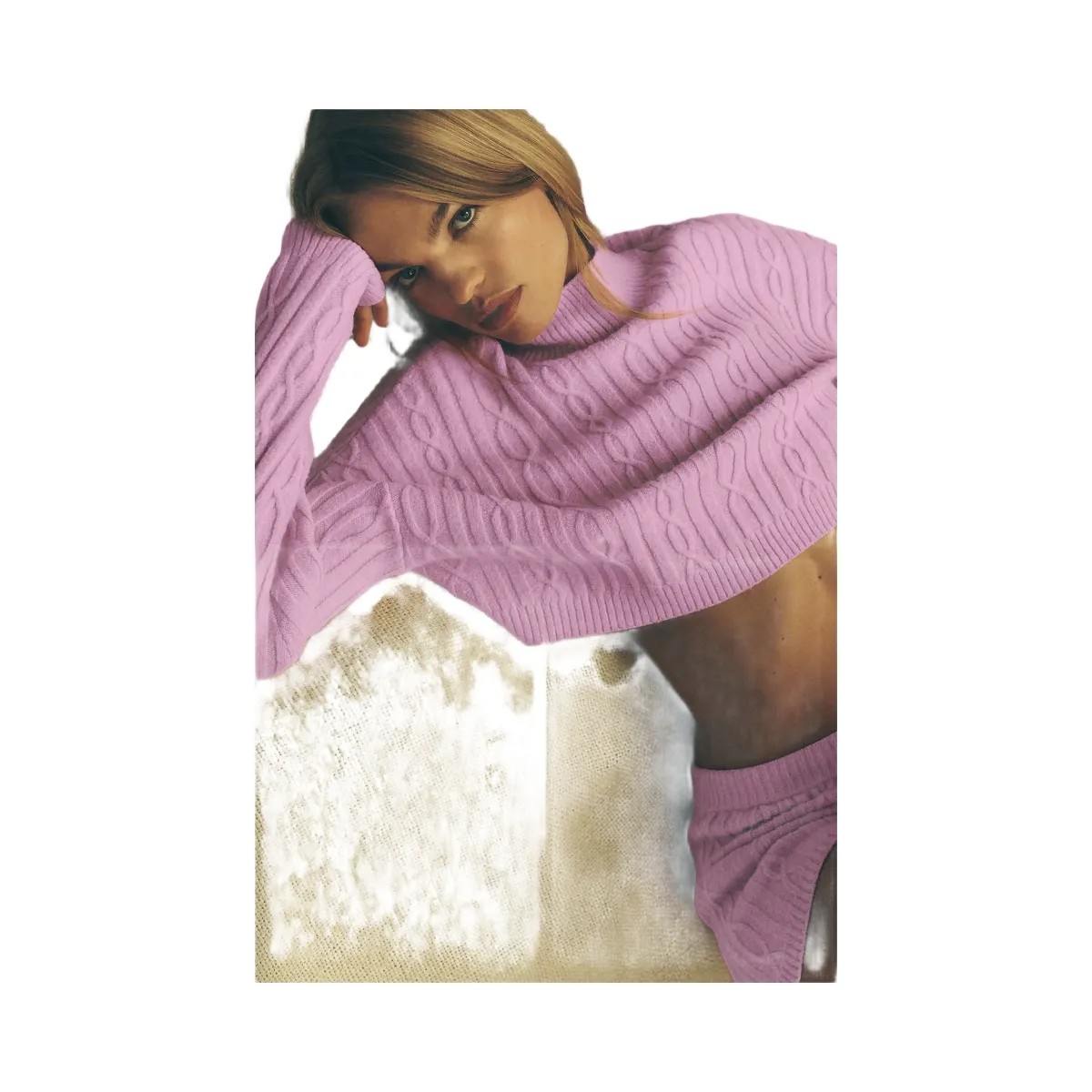 Alo Women's Cable Knit Cropped Winter Bliss Turtleneck Long Sleeve - Candy Heart Pink - HypeFly India View 6