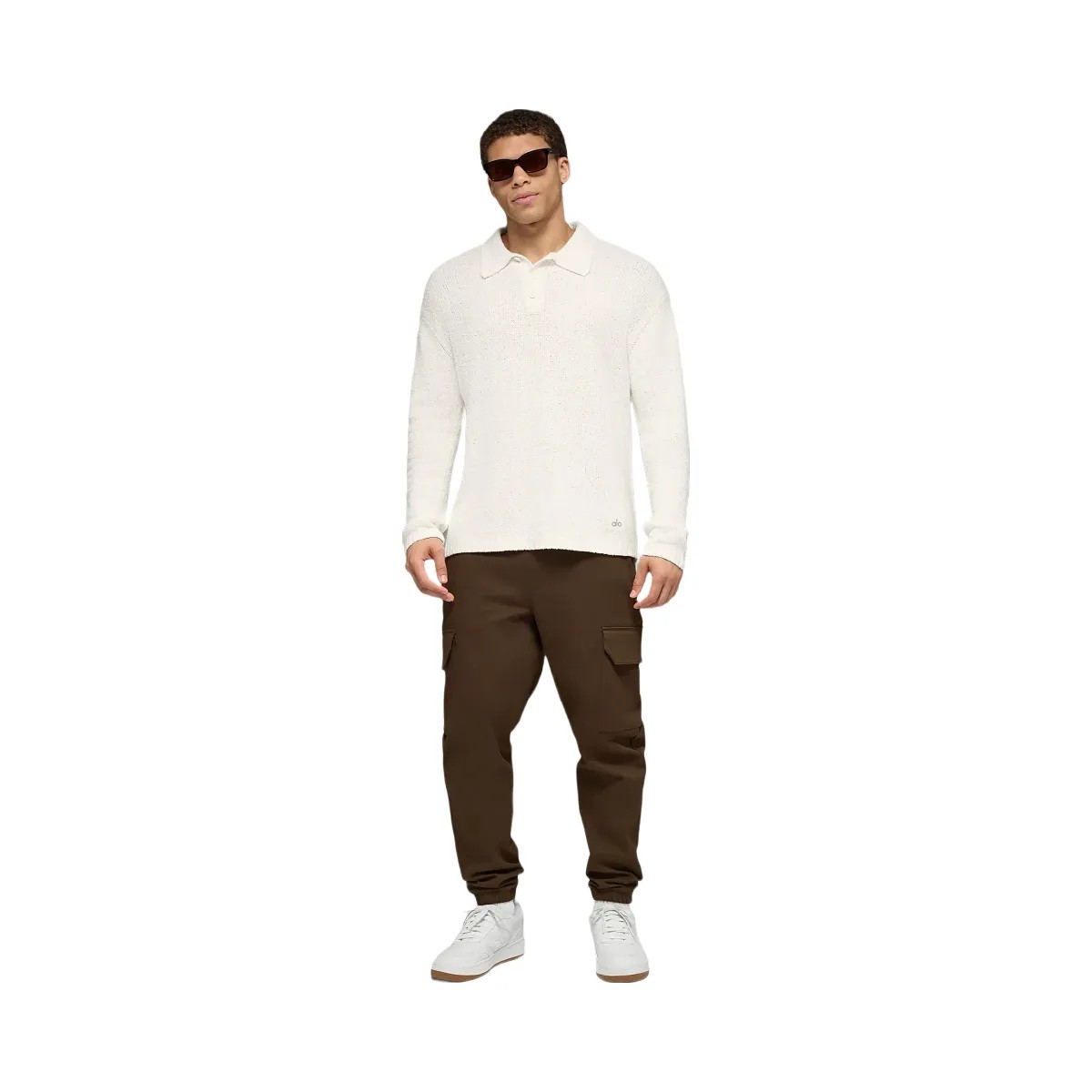 Alo Men's Textured Knit Long Sleeve Polo - Ivory - HypeFly India View 5