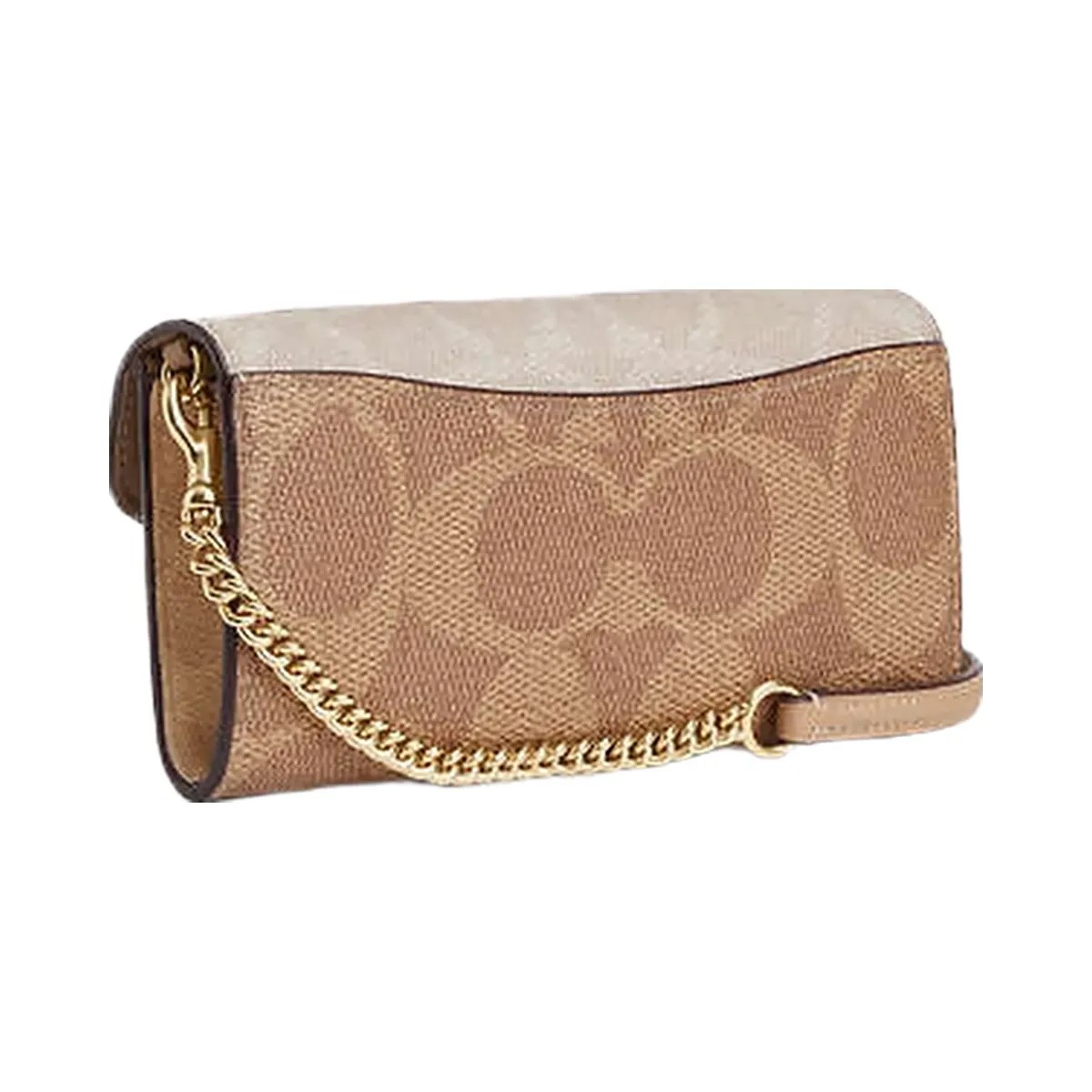 Coach Klare Wallet With Chain In Blocked Signature Canvas Gold-Sand-Tan - HypeFly India View 2