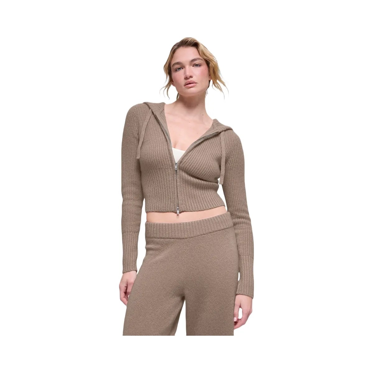Alo Women's Wool Cashmere Ribbed Noble Full Zip Hoodie - Chai Latte - HypeFly India View 4