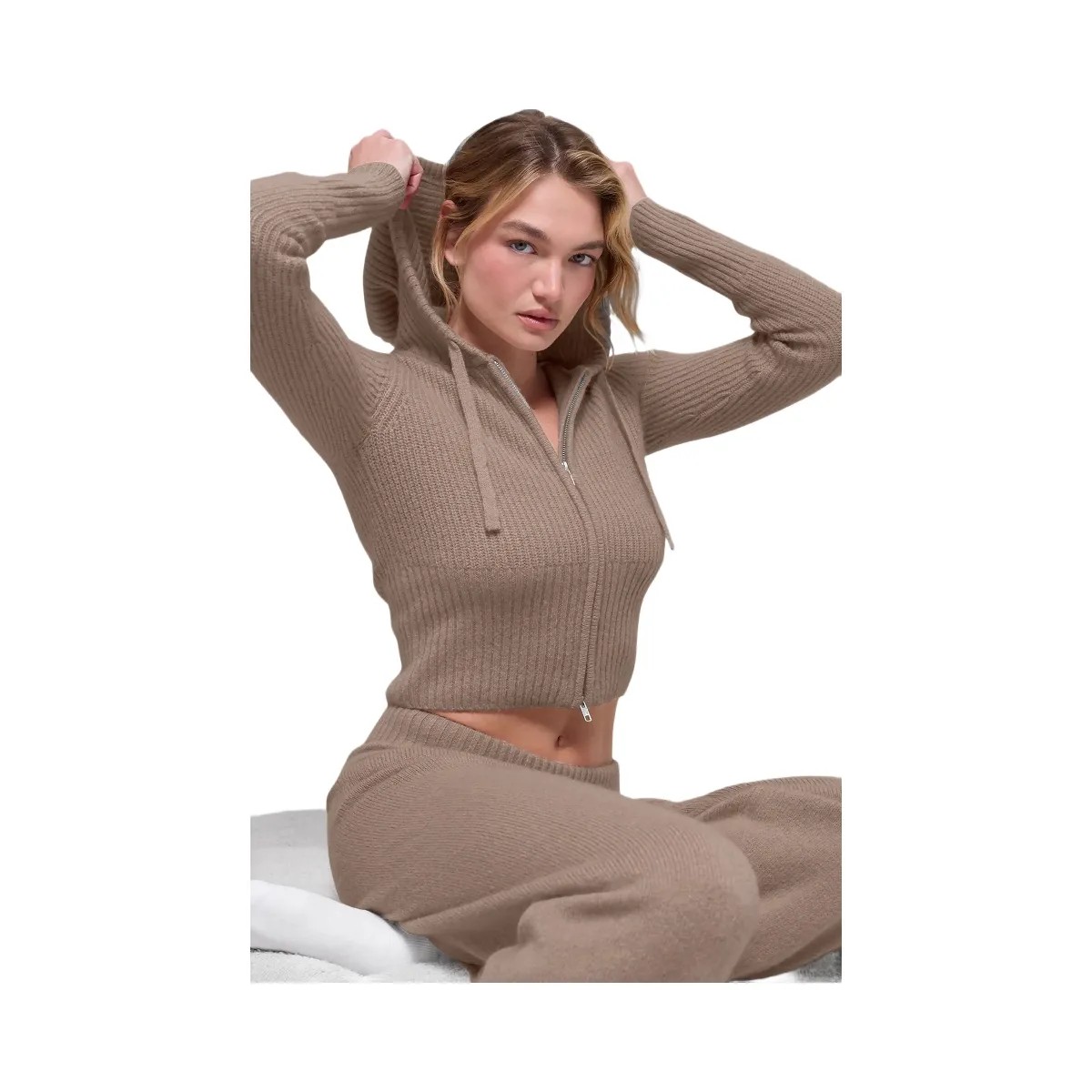 Alo Women's Wool Cashmere Ribbed Noble Full Zip Hoodie - Chai Latte - HypeFly India View 2