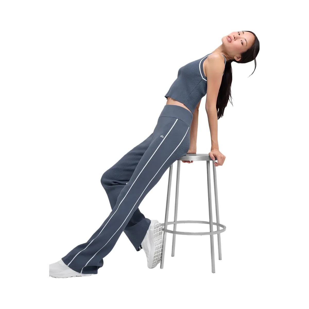 Alo Women's Ribbed Sweater Knit Highline Flare Pant - Bluestone/White - HypeFly India View 4