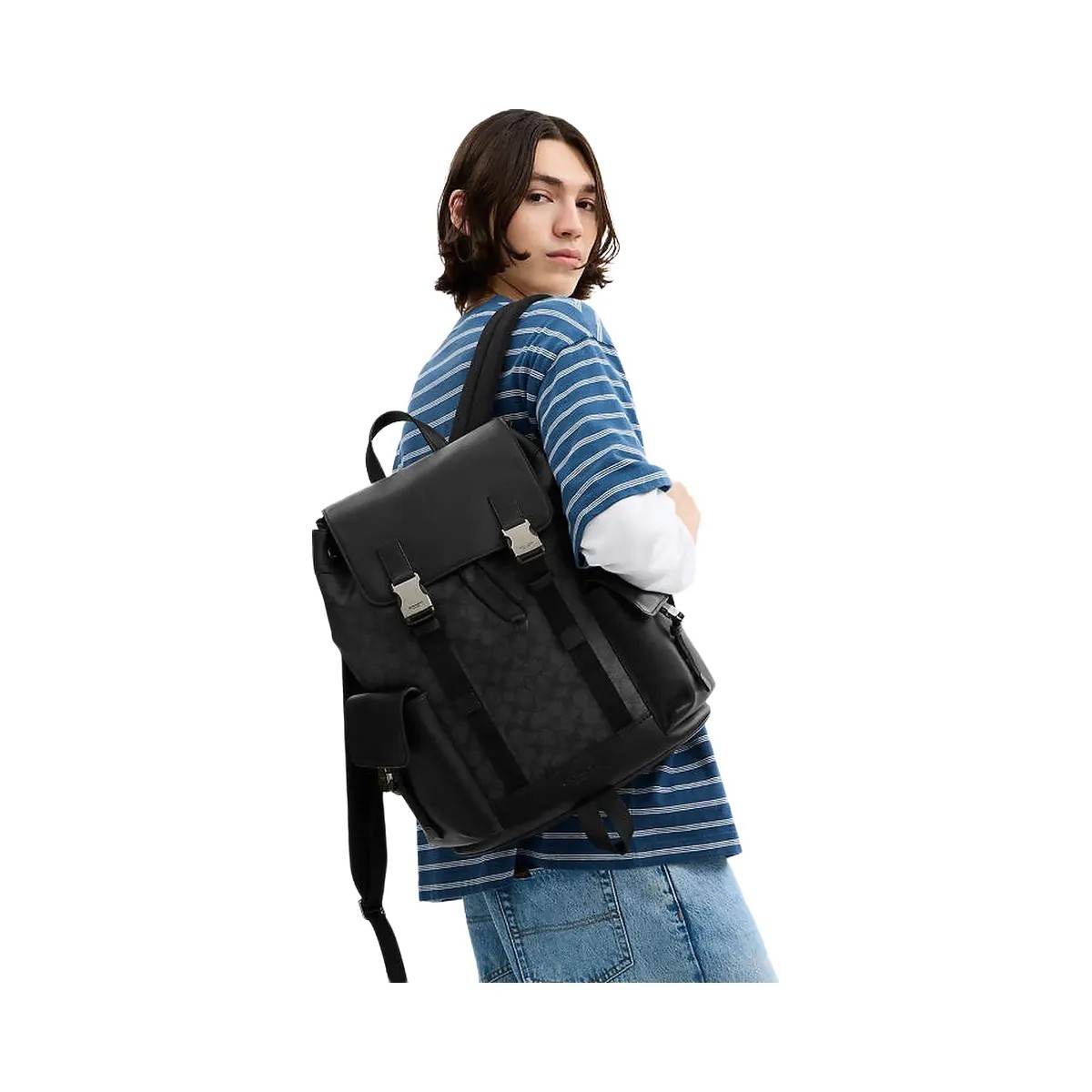 Coach Clark Backpack In Signature Canvas Signature Canvas-Gunmetal-Charcoal-Black - HypeFly India View 4