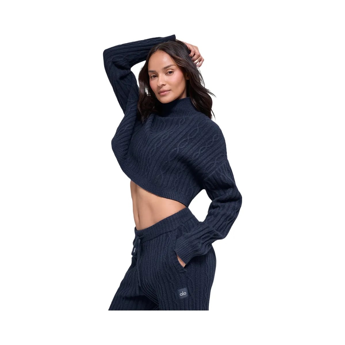 Alo Women's Cable Knit Cropped Winter Bliss Turtleneck Long Sleeve - Navy - HypeFly India View 5