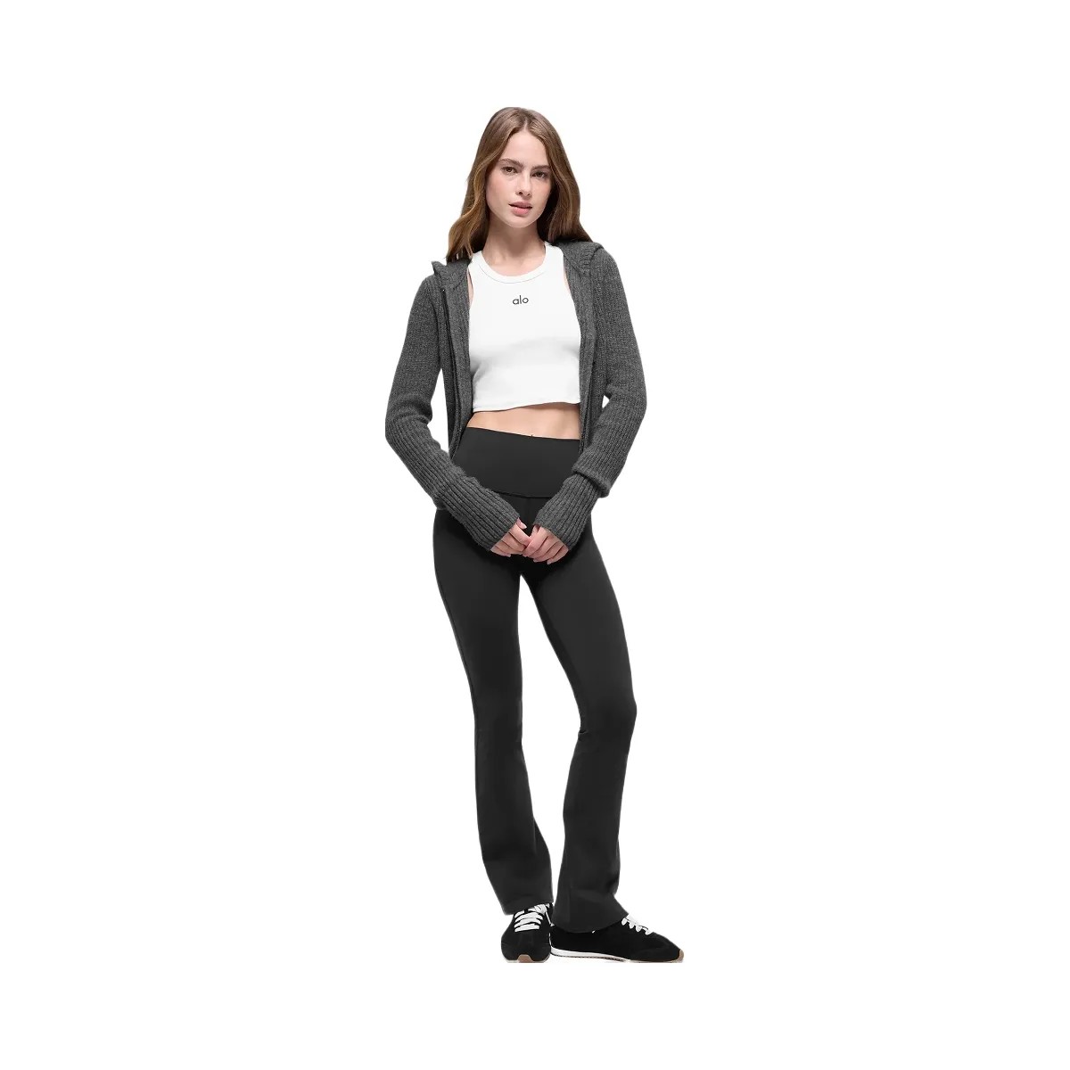 Alo Women's Wool Cashmere Ribbed Noble Full Zip Hoodie - Platinum Grey - HypeFly India View 1