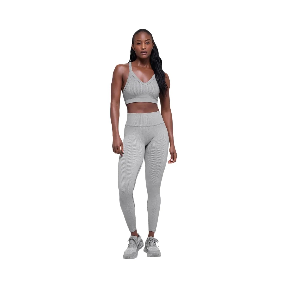 Alo Women's Seamless Two Tone Rib Bra - Light Misty Grey Heather - HypeFly India View 4