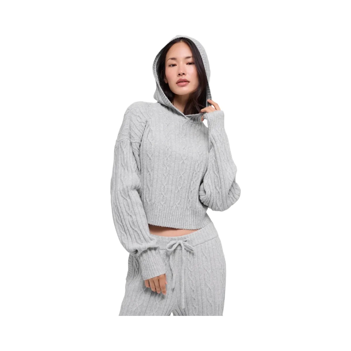 Alo Women's Cable Knit Winter Bliss Hoodie - Athletic Heather Grey - HypeFly India View 1