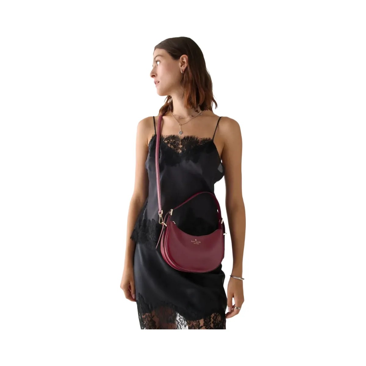 Kate Spade Nova Textured Patent Leather Small Crescent Shoulder Bag Red Jam - HypeFly India View 2