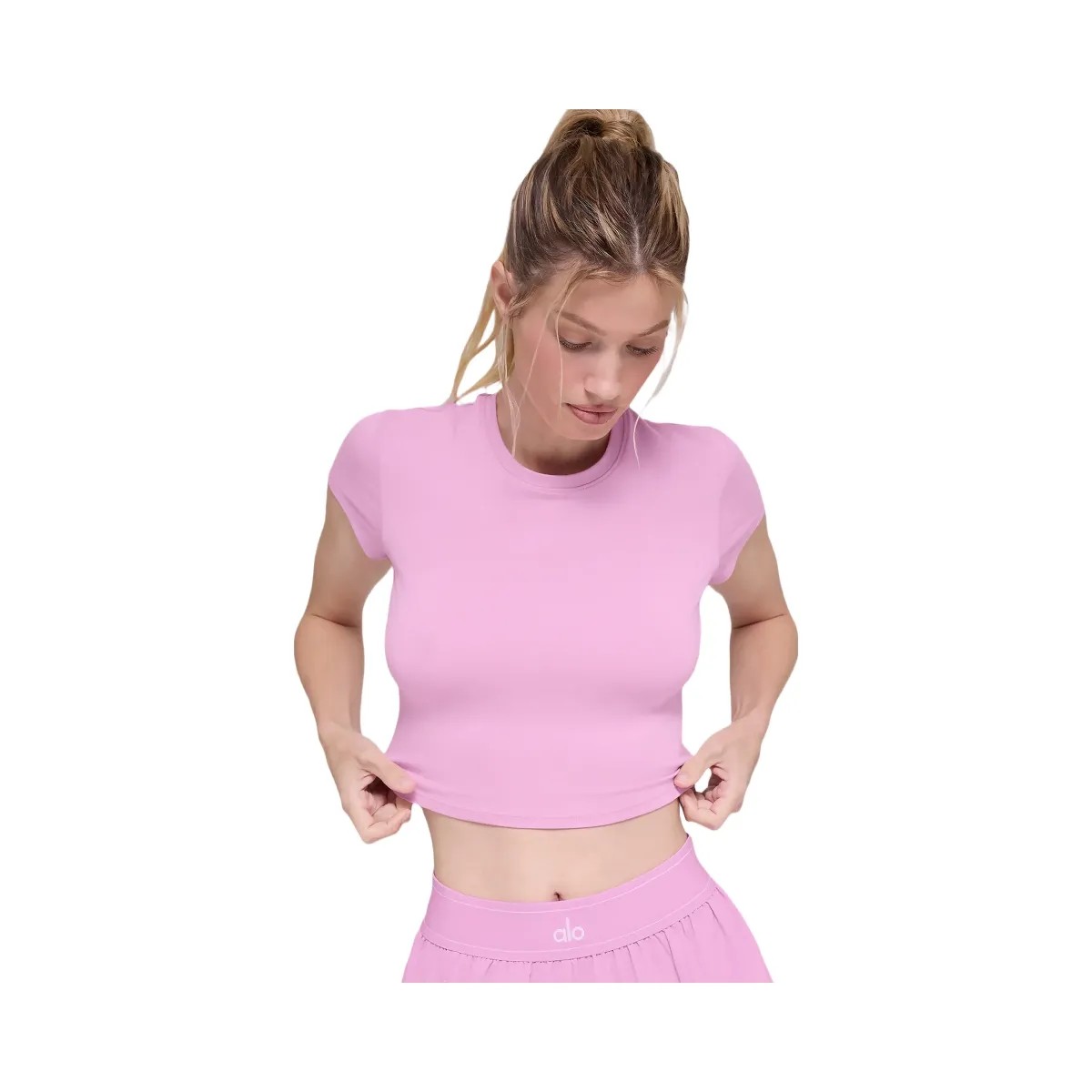 Alo Women's soft Crop Finesse Short Sleeve - Candy Heart Pink - HypeFly India View 3