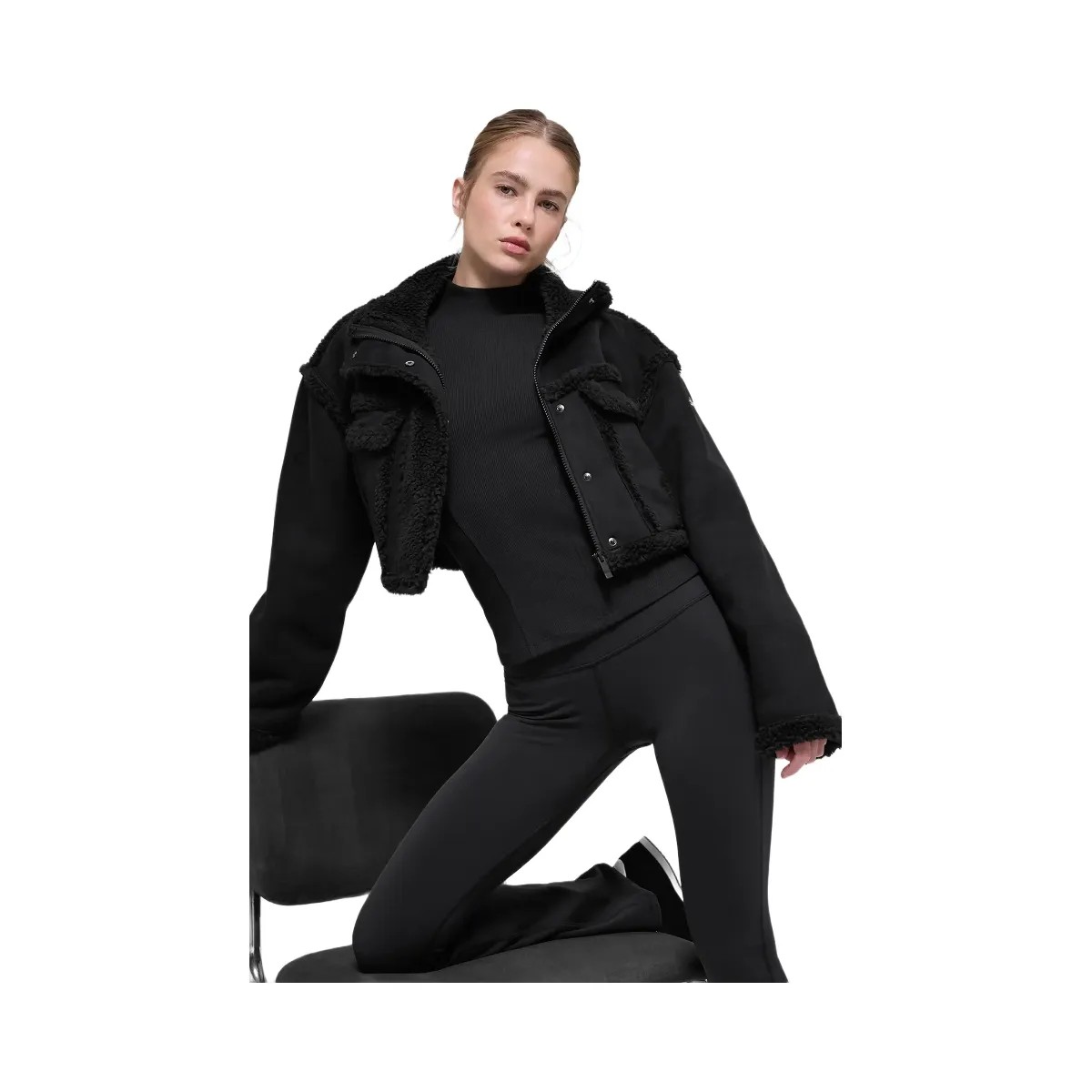 Alo Women's Faux Shearling Snowfall Cropped Jacket - Black - HypeFly India View 4