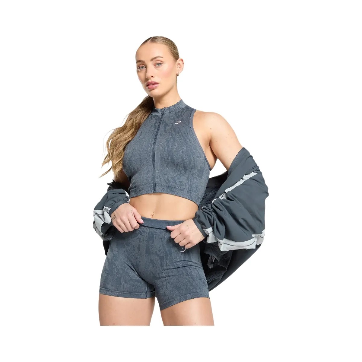Gymshark Adapt Camo Seamless Zip Up Crop Top - Titanium Blue/Denim Grey - HypeFly India View 4