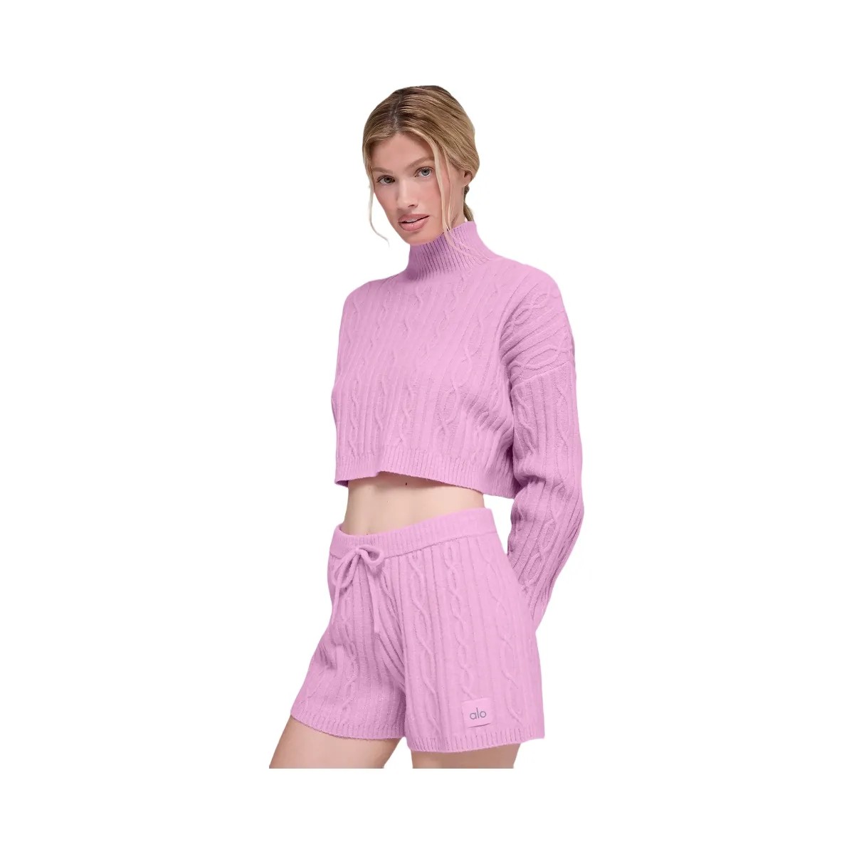 Alo Women's Cable Knit Cropped Winter Bliss Turtleneck Long Sleeve - Candy Heart Pink - HypeFly India View 1