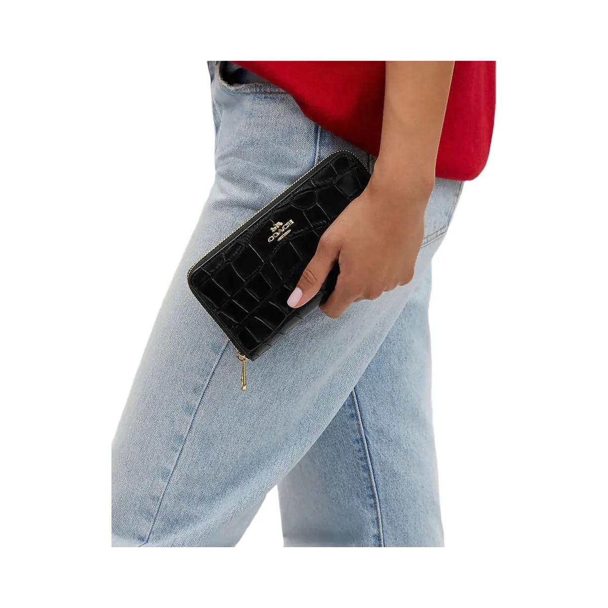 Coach Long Zip Around Wallet Embossed Crocodile-Gold-Black - HypeFly India View 3