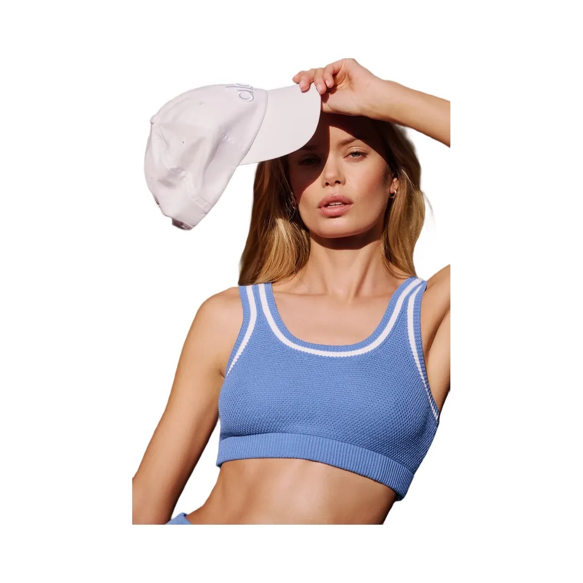 Alo Women's Tennis Club Sweater Knit Bra - Crystal Clear Blue/White - HypeFly India View 5
