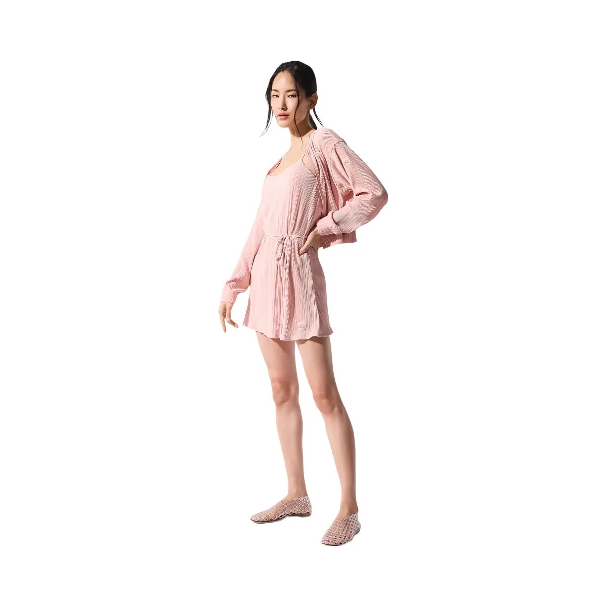 Alo Women's Cropped Micro Plisse Jacket - Pink Quartz - HypeFly India View 3