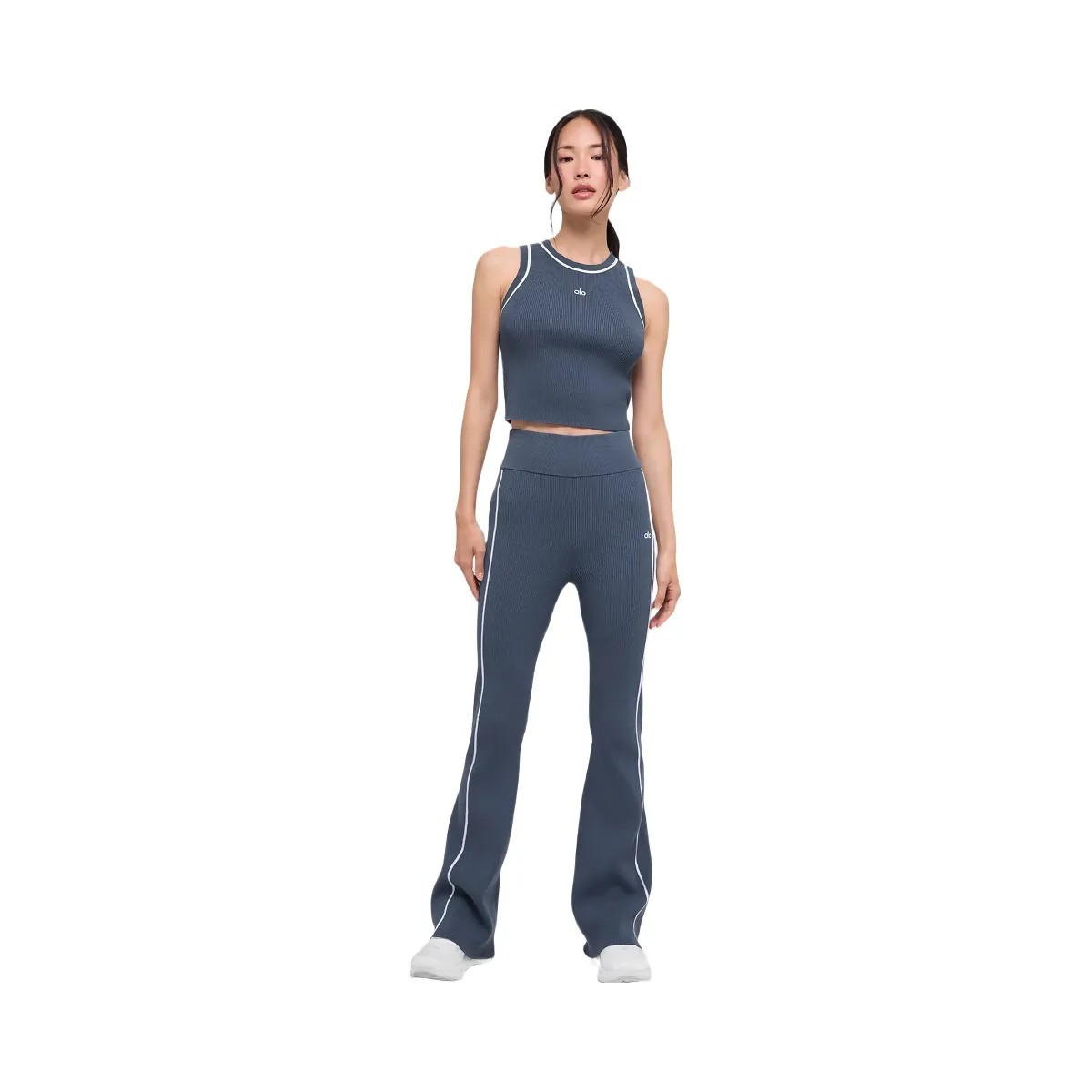 Alo Women's Ribbed Sweater Knit Highline Flare Pant - Bluestone/White - HypeFly India View 5