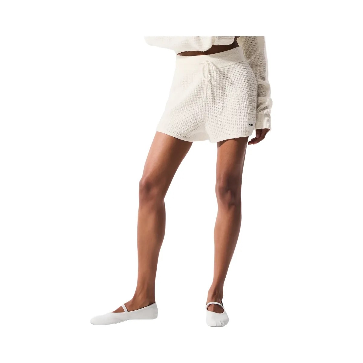 Alo Women's Cashmere High-Waist Plush Waffle Short - Ivory - HypeFly India View 4