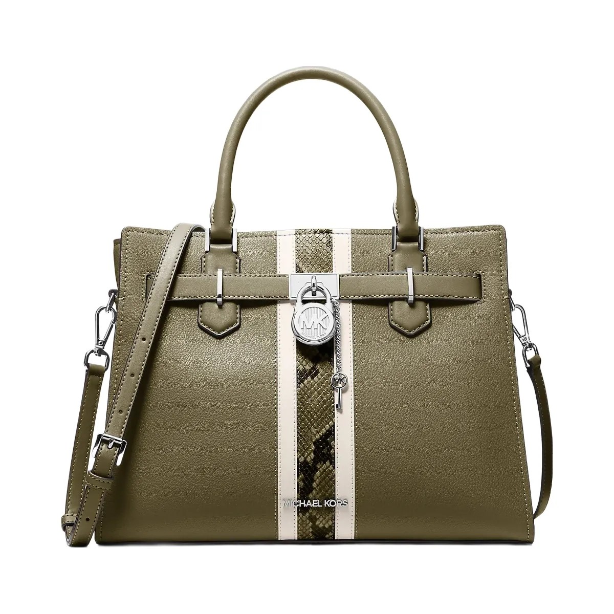Michael Kors Hamilton Medium Leather and Snake Embossed Stripe Satchel Olive - HypeFly India View 1