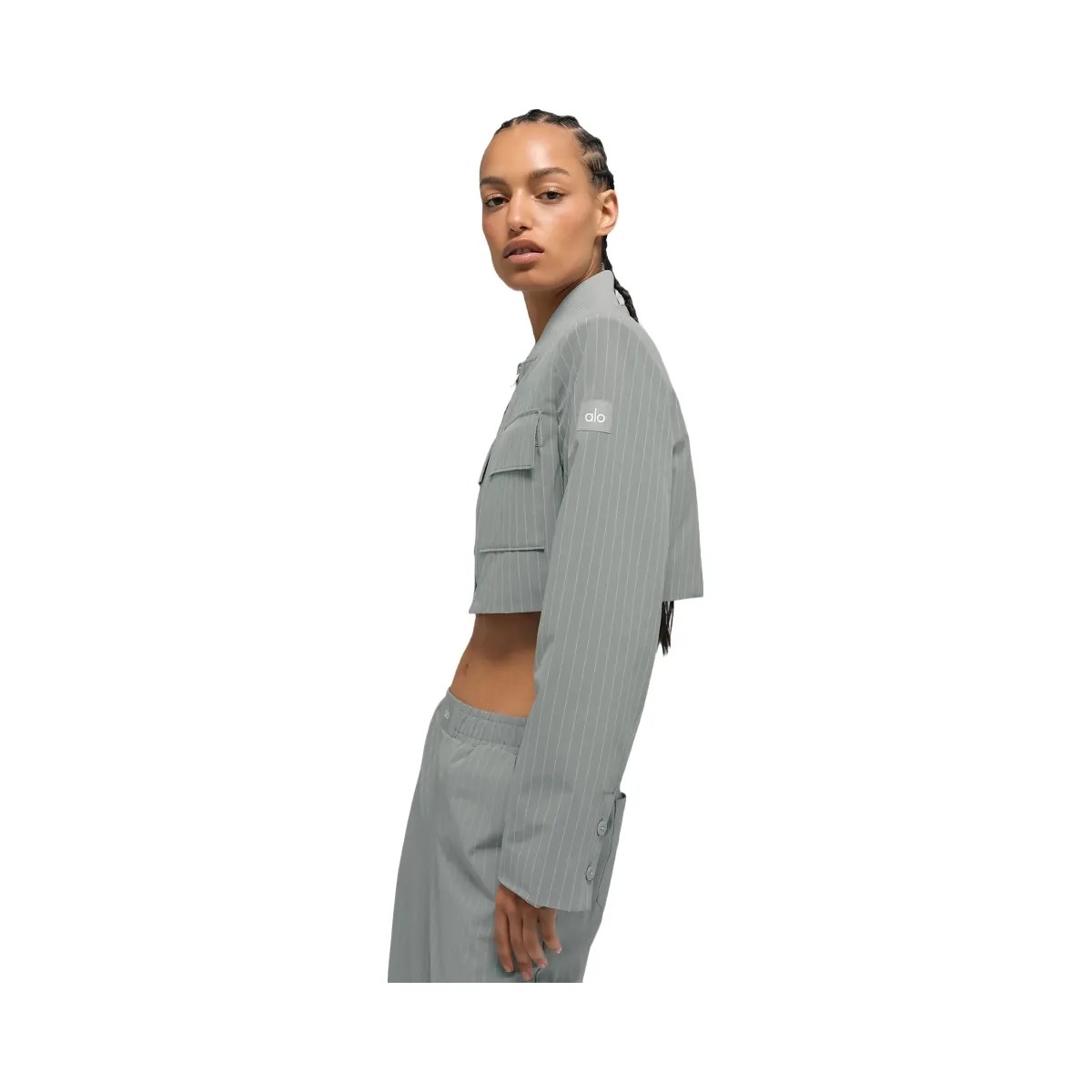 Alo Women's Cropped Pinstripe Main Character Full Zip Jacket - Lunar Grey/White - HypeFly India View 4