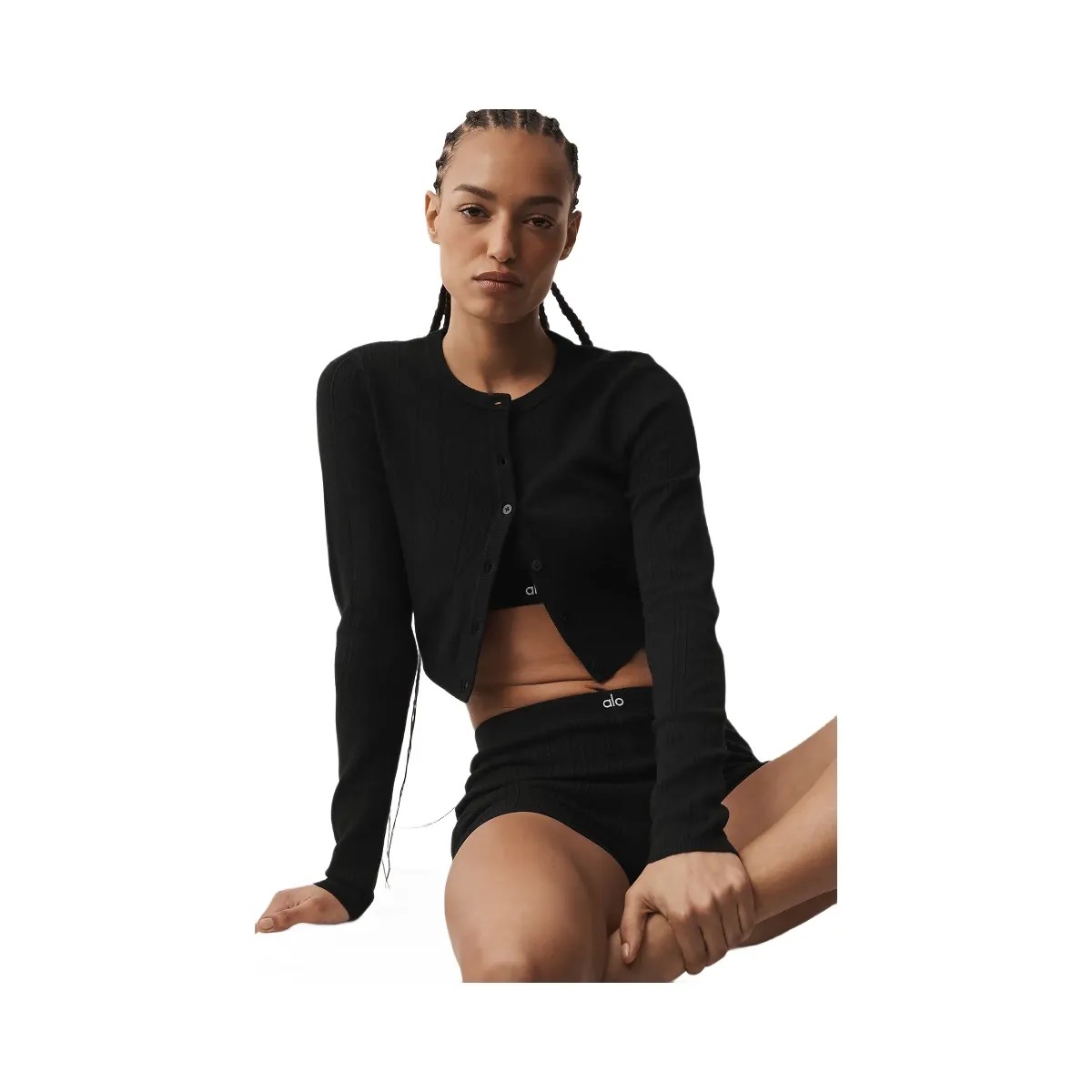 Alo Women's Pointelle Sweater Be Mine Cardigan - Black - HypeFly India View 4