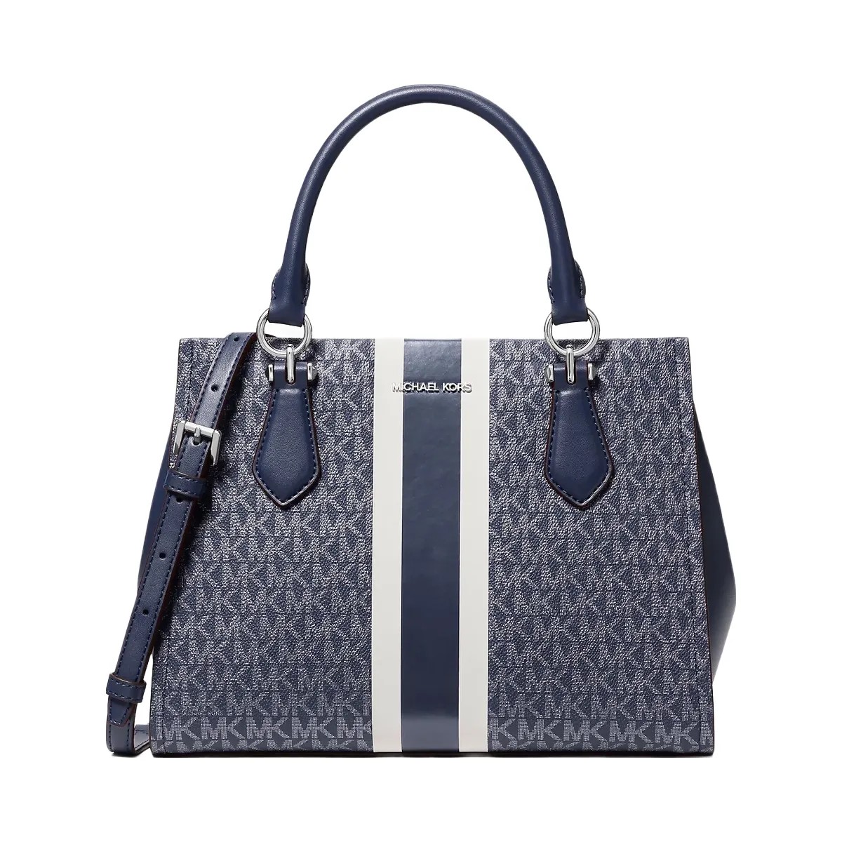 Michael Kors Marilyn Medium Signature Logo Stripe Satchel Navy - HypeFly India View 1