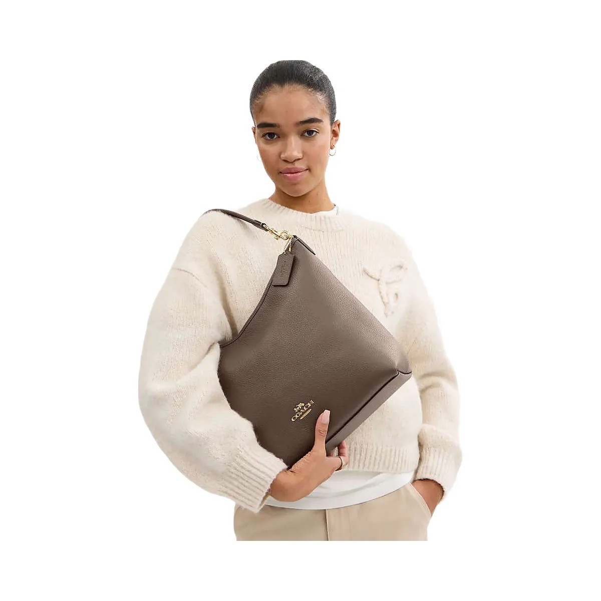 Coach Laurel Large Shoulder Bag Pebbled Leather-Gold-Dark Stone - HypeFly India View 3