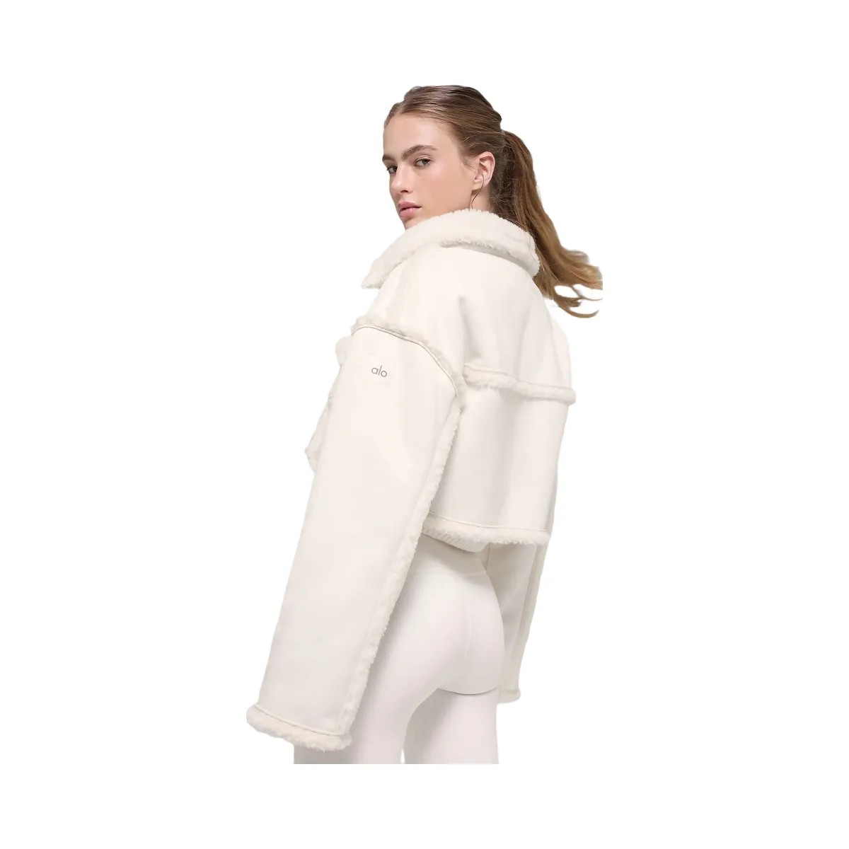 Alo Women's Faux Shearling Snowfall Cropped Jacket - Ivory - HypeFly India View 4