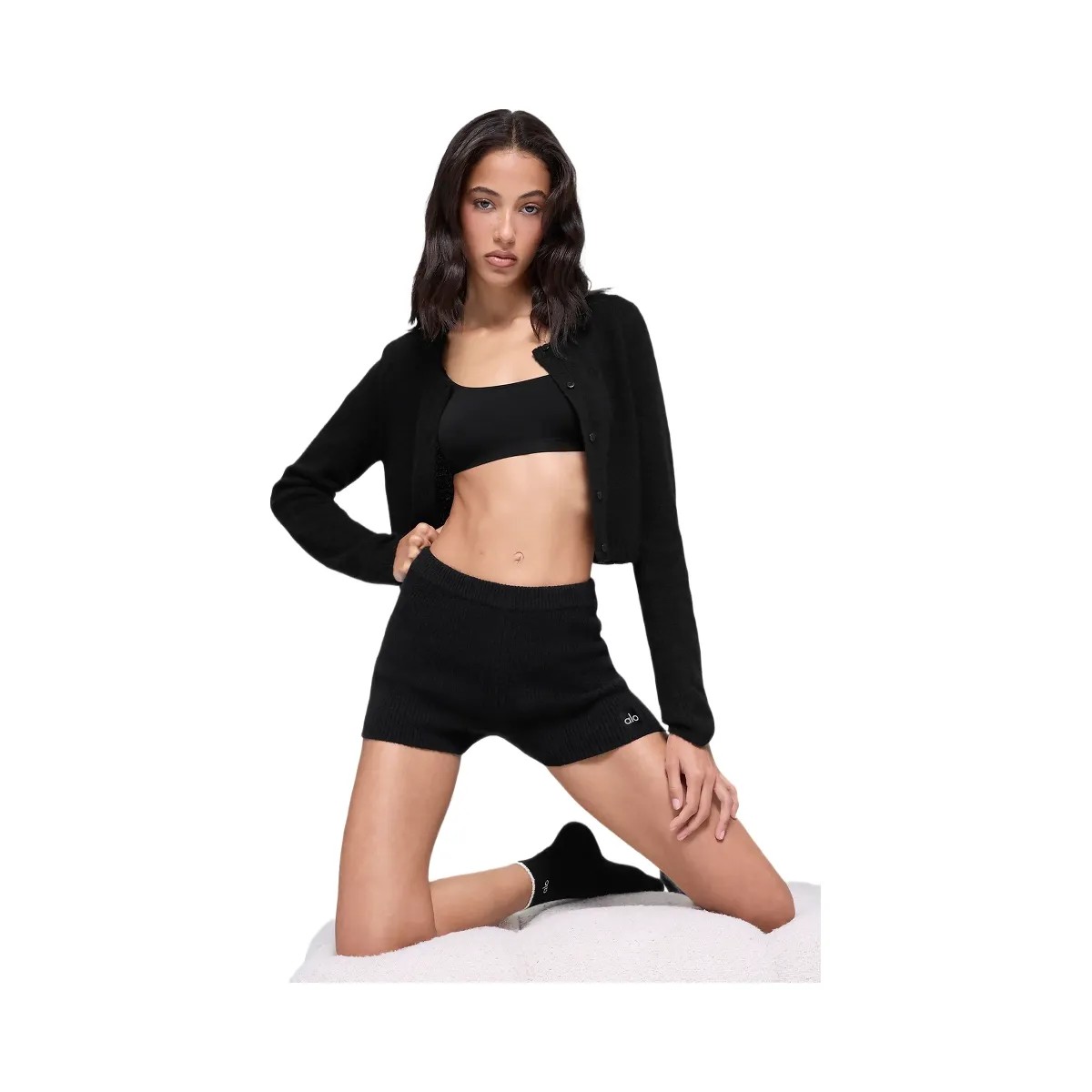 Alo Women's Wool Cashmere Ribbed Noble Short - Black - HypeFly India View 5