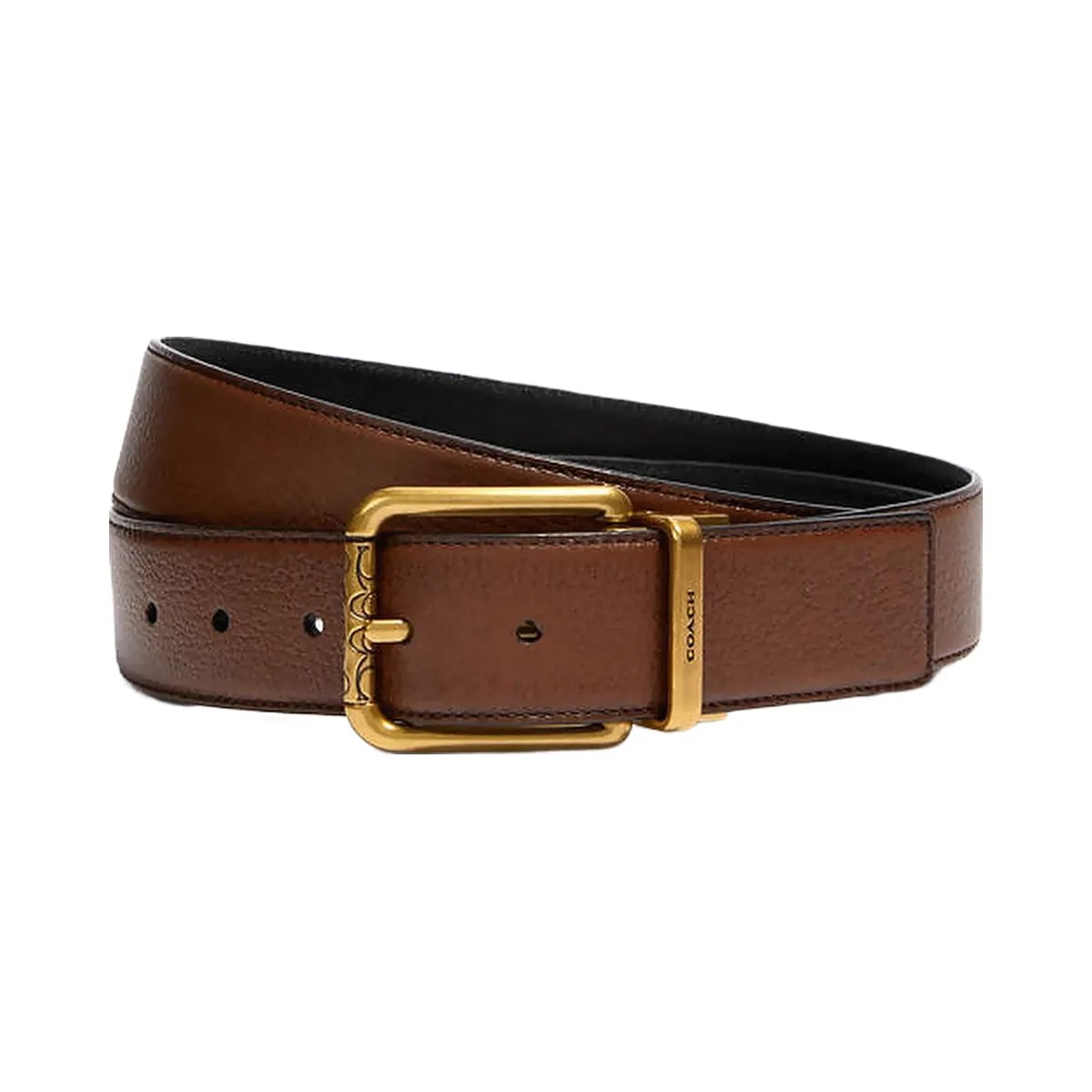 Coach Square Roller Buckle Cut To Size Reversible Belt, 38 Mm Pebbled Leather-Antique Brass-Dark Saddle Black - HypeFly India View 1