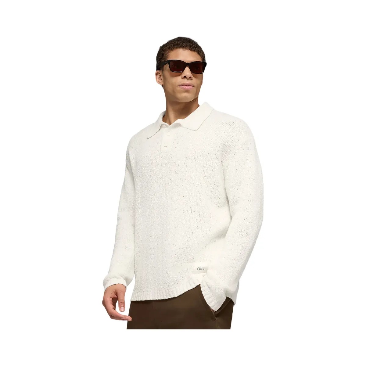 Alo Men's Textured Knit Long Sleeve Polo - Ivory - HypeFly India View 3