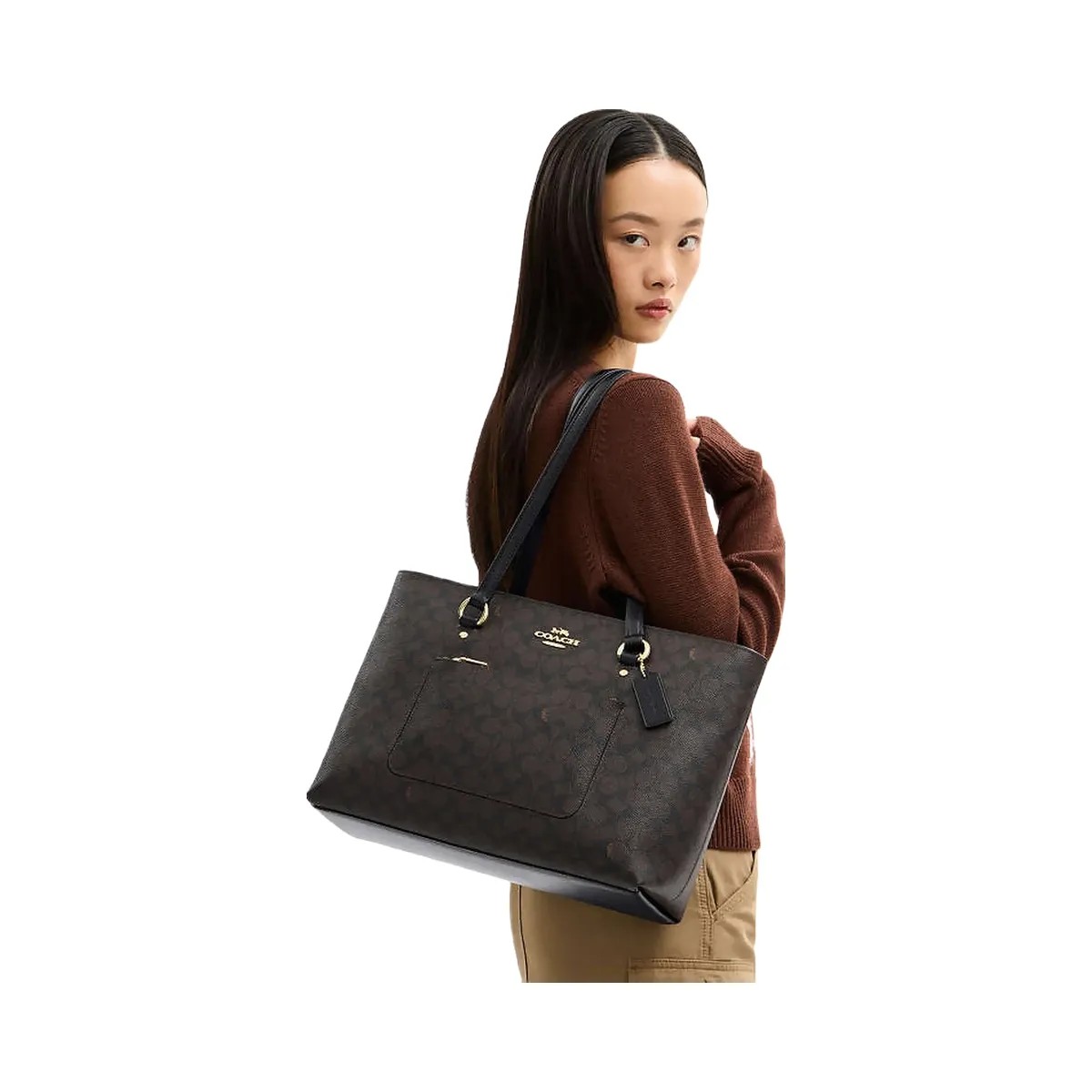 Coach Station Tote Bag In Signature Canvas Signature Canvas-Gold-Walnut-Black - HypeFly India View 2