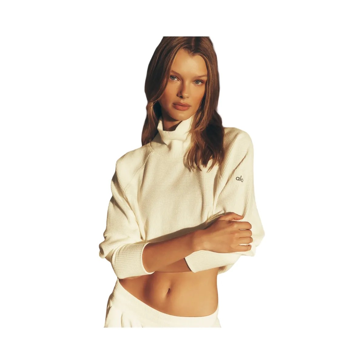 Alo Women's Waffle Weekend Escape Mock Neck Long Sleeve - Ivory - HypeFly India View 6