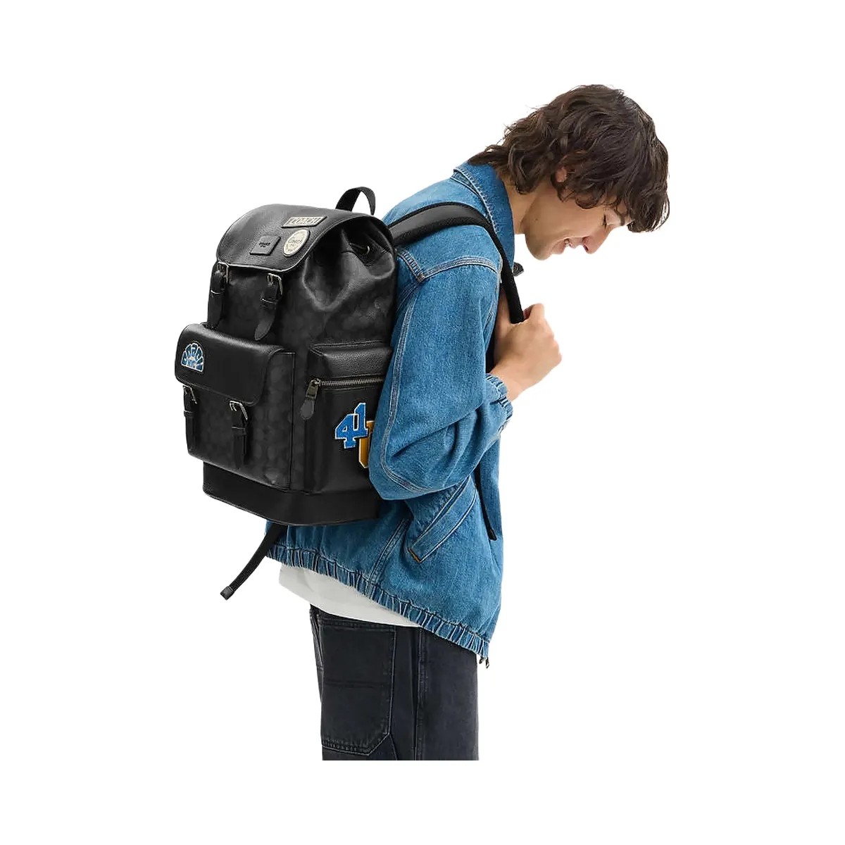 Coach Sprint Backpack In Signature Canvas With Patches Signature Canvas-Gunmetal-Charcoal Multi - HypeFly India View 2