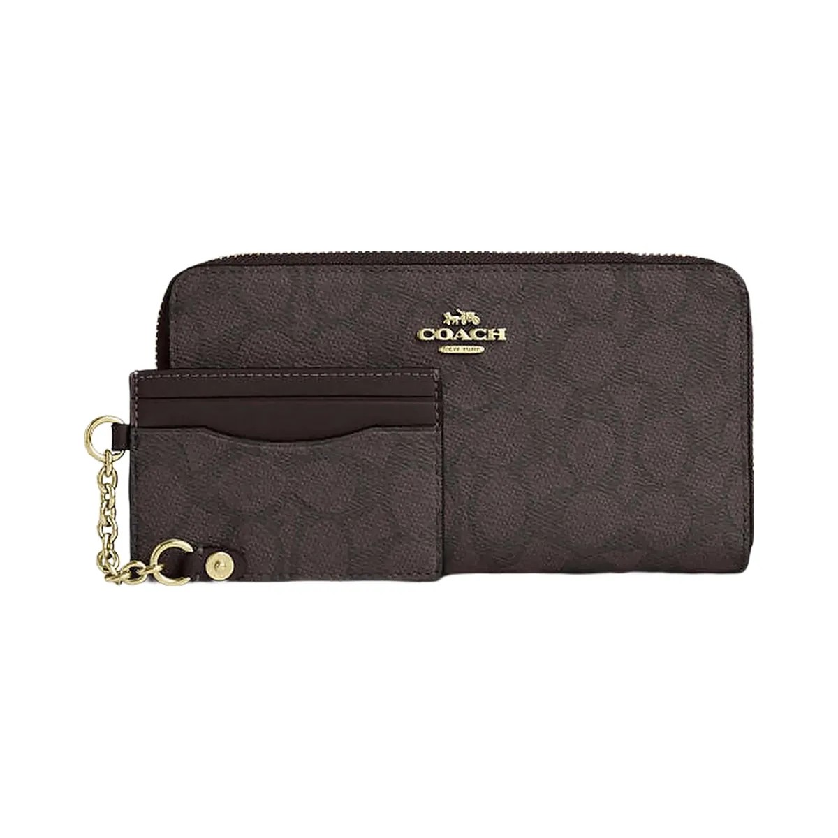 Coach Long Zip Around Wallet With Detachable Card Case In Signature Canvas Signature Canvas-Gold-Walnut-Black - HypeFly India View 1