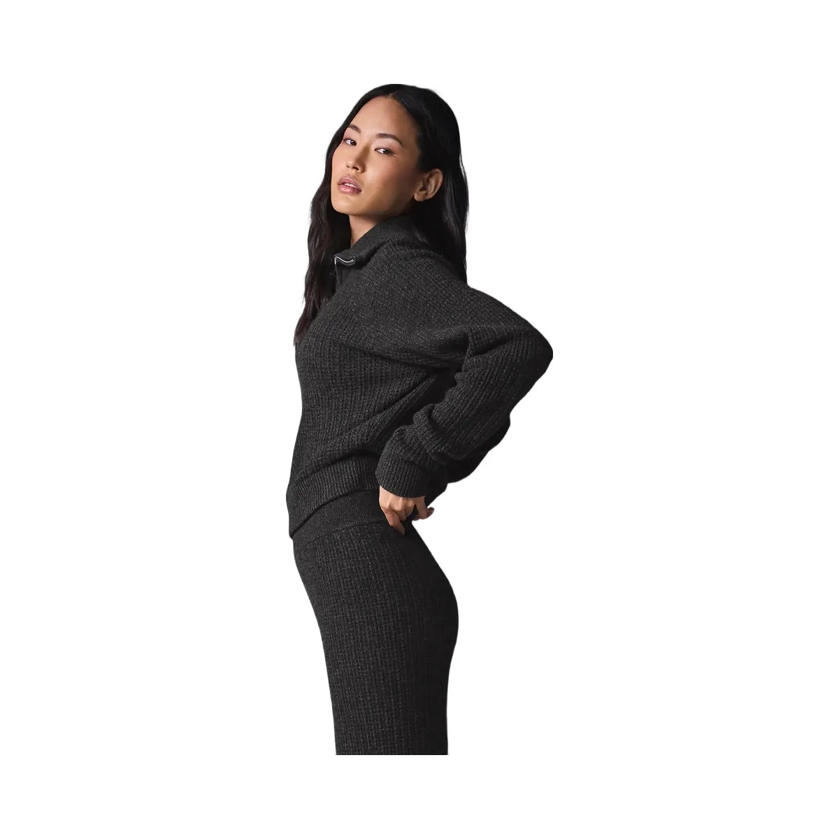 Alo Women's Cashmere Plush Waffle 1/4 Zip Pullover - Dark Heather Grey - HypeFly India View 3