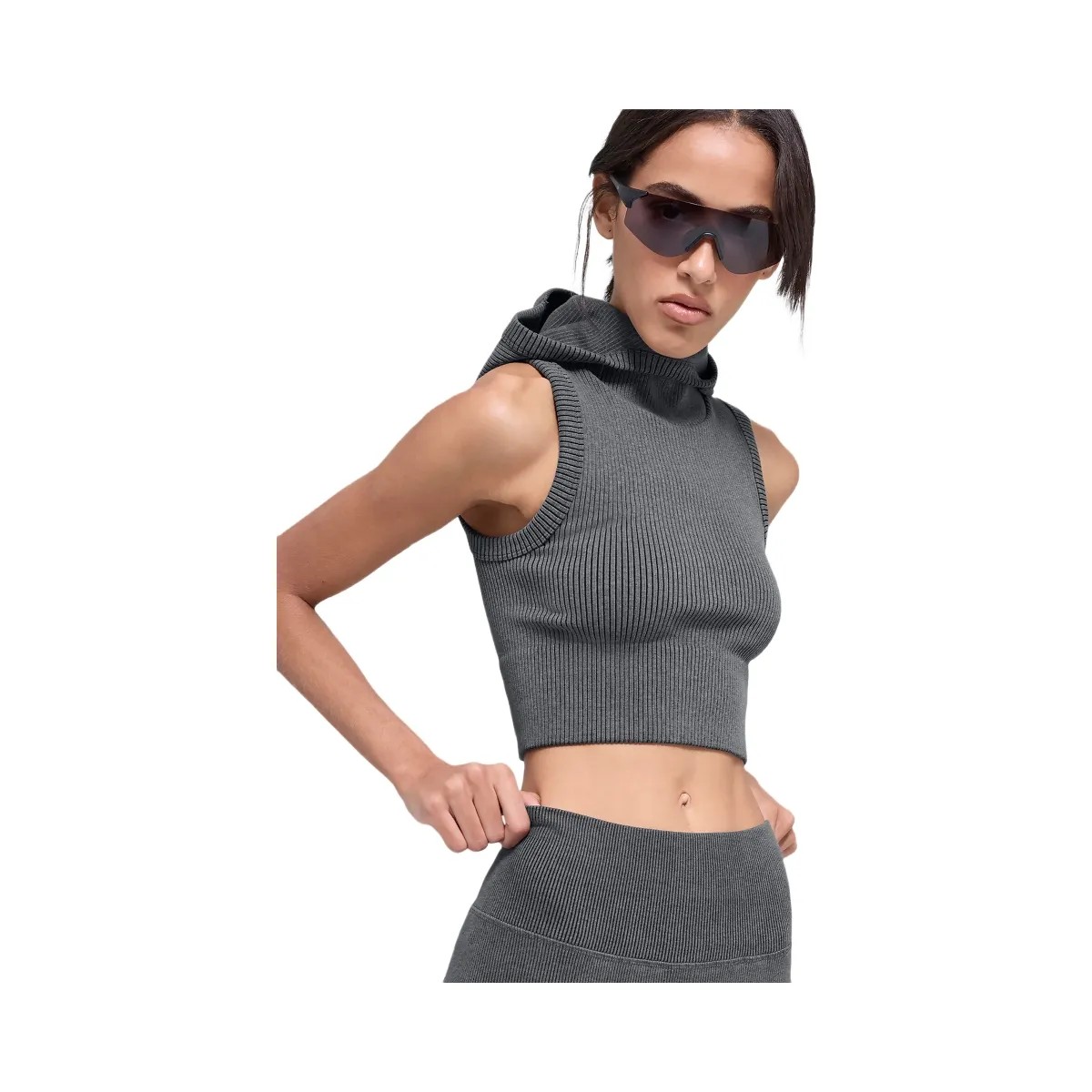 Alo Women's Seamless Two Tone Rib Hooded Vest - Dark Misty Grey Heather - HypeFly India View 1