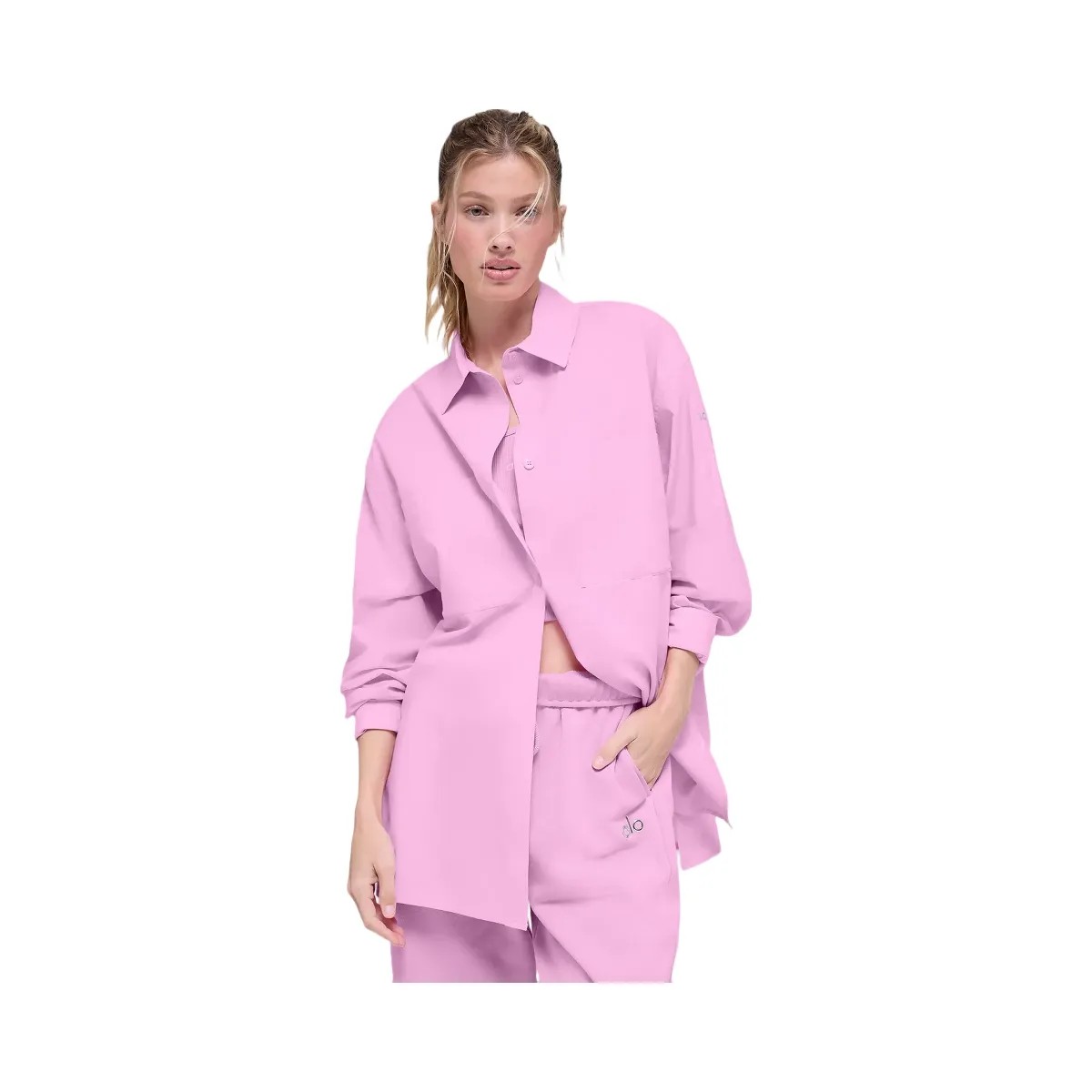 Alo Women's Cotton Real Deal Button Up Long Sleeve - Candy Heart Pink - HypeFly India View 2