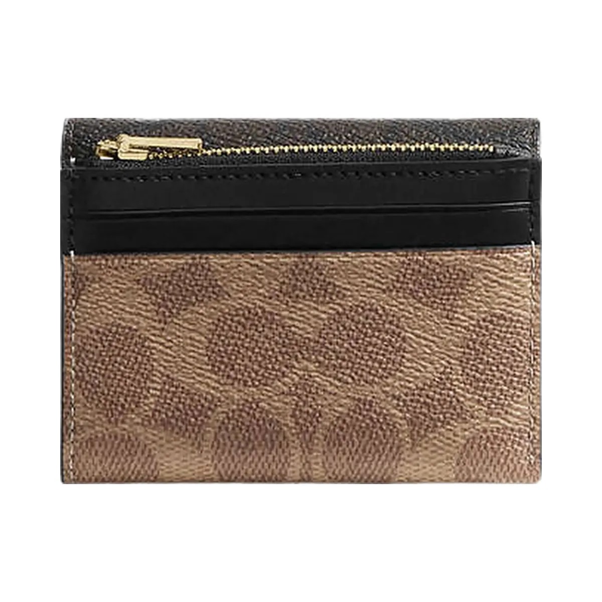 Coach Card Holder Wallet In Blocked Signature Canvas Signature Canvas-Gold-Walnut-Tan - HypeFly India View 2