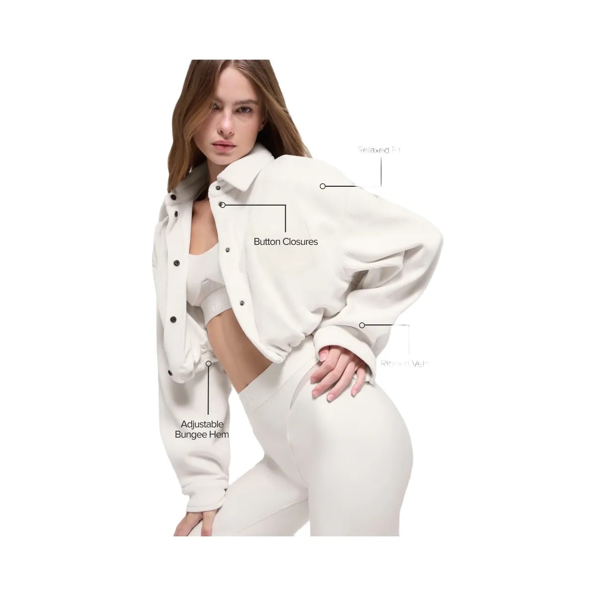 Alo Women's Ribbed Velour Cropped Mountain Side Jacket - Ivory - HypeFly India View 2