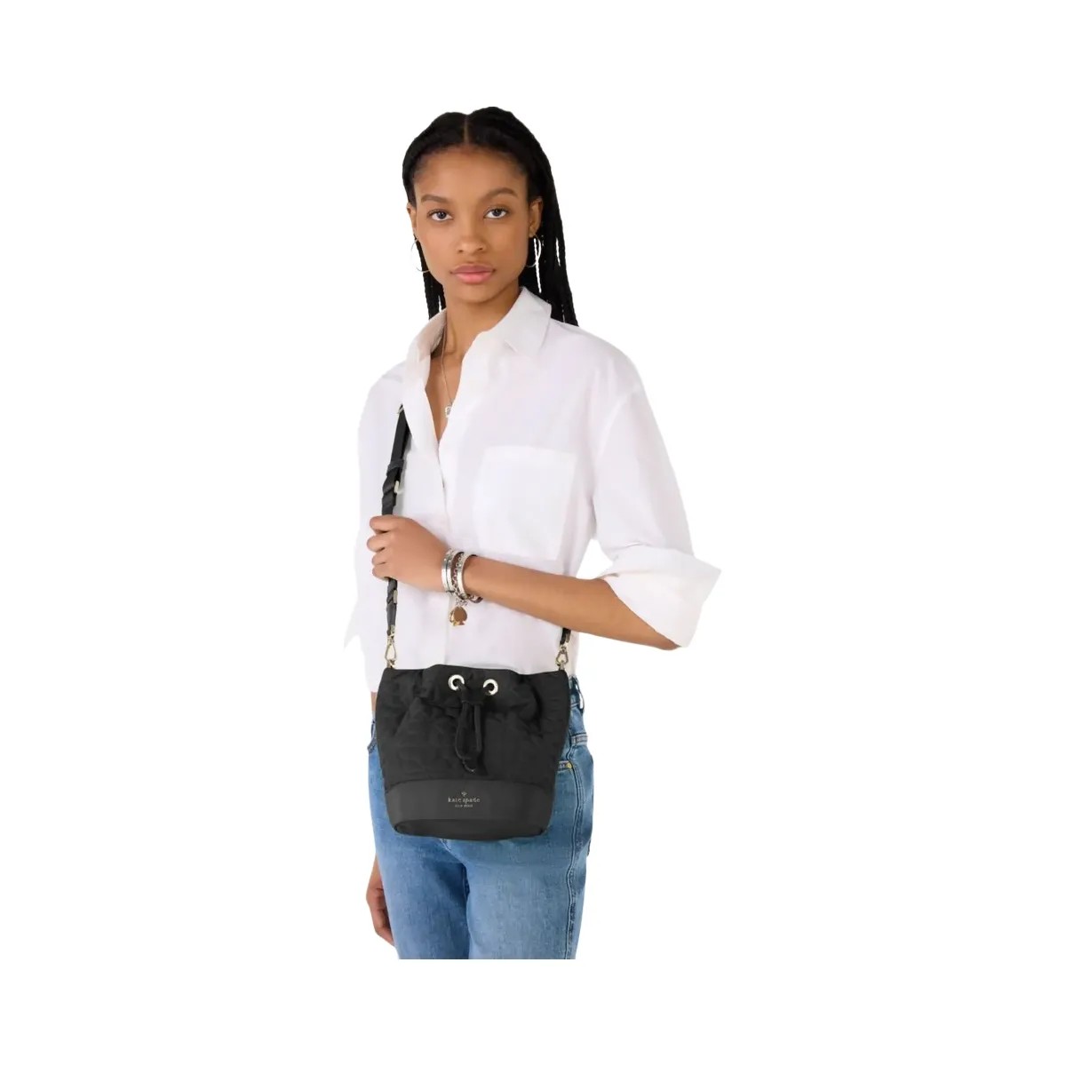 Kate Spade Flower Quilted Fabric Bucket Bag Black - HypeFly India View 2