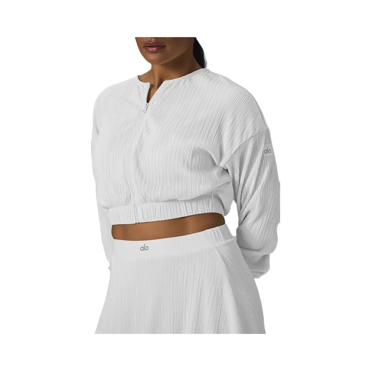 Alo Women's Cropped Micro Plisse Jacket - White - HypeFly India View 3