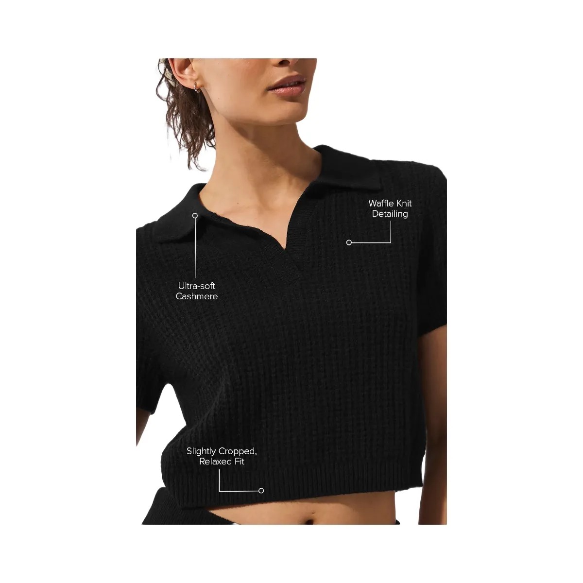 Alo Women's Cashmere Plush Waffle Polo Tee - Black - HypeFly India View 2