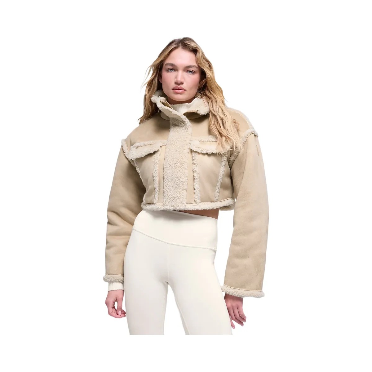 Alo Women's Faux Shearling Snowfall Cropped Jacket - Woodland Tan - HypeFly India View 1