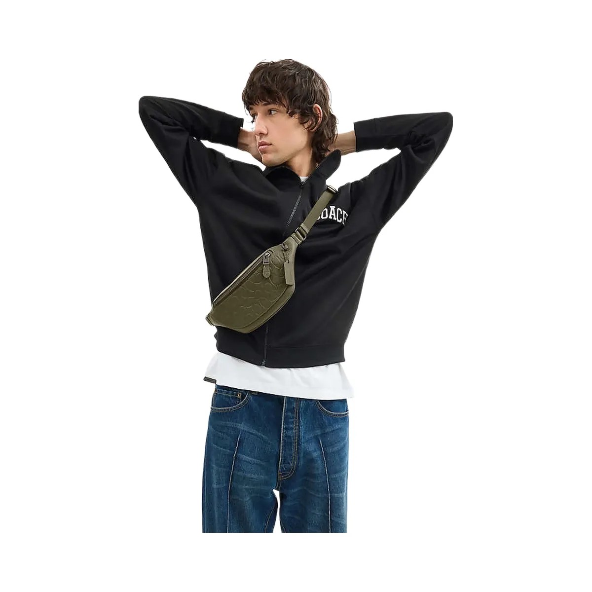 Coach Warren Mini Belt Bag In Signature Leather Black Copper-Olive Drab - HypeFly India View 6