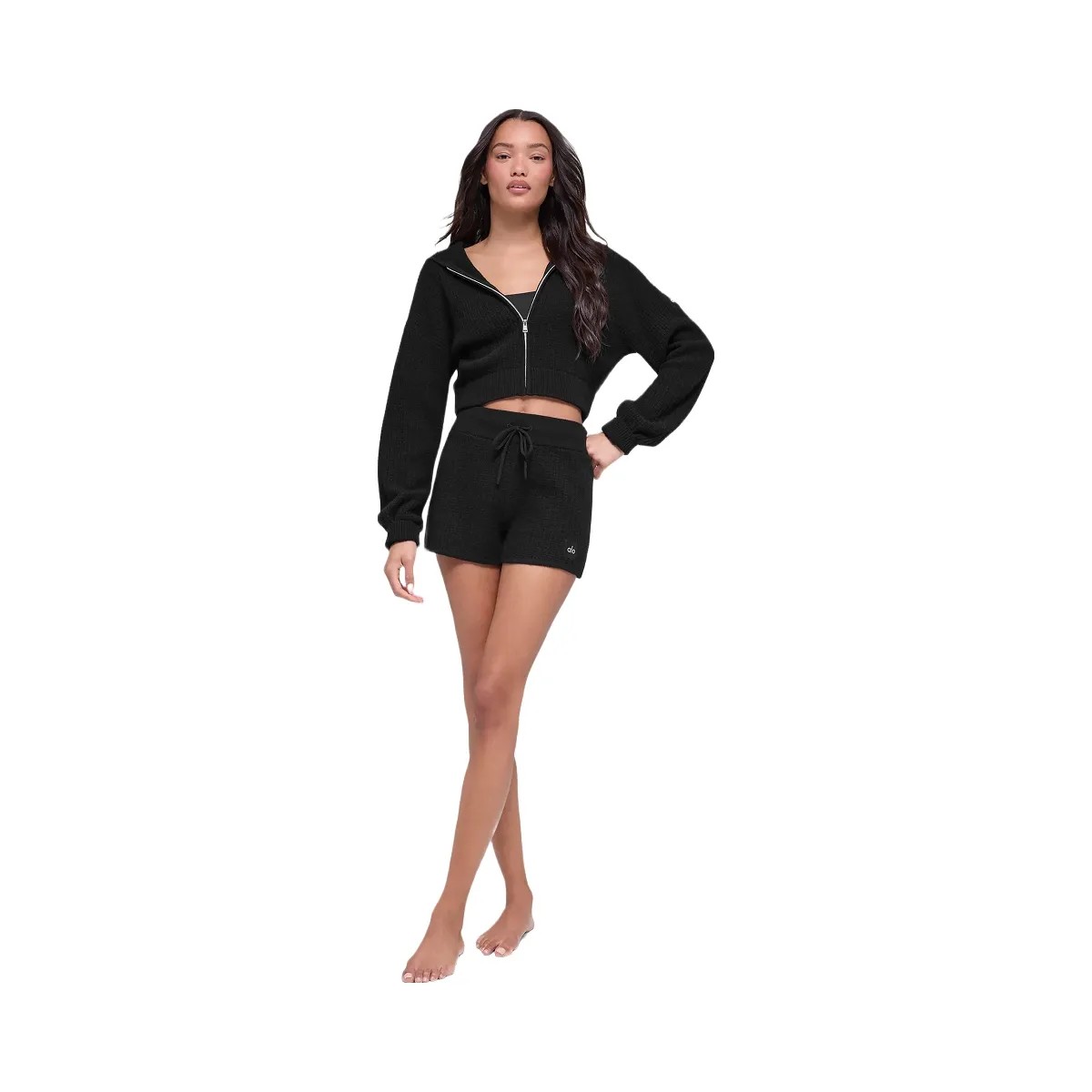 Alo Women's Cashmere Plush Waffle Full Zip Hoodie - Black - HypeFly India View 1