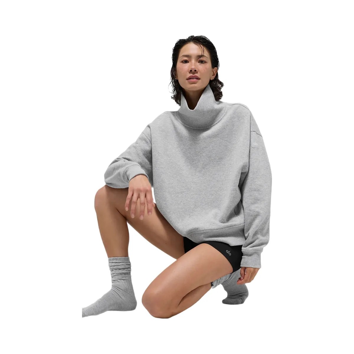 Alo Women's Hazy Mock Neck Pullover - Athletic Heather Grey - HypeFly India View 5