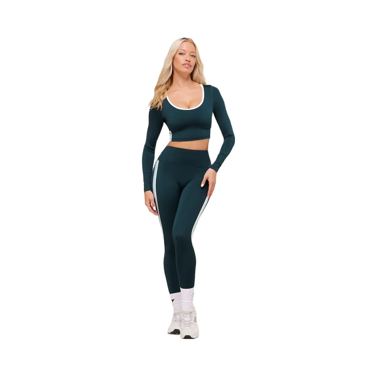 Gymshark Piping Long Sleeve Crop Top - Deep Petrol Blue/Smoke Blue/Soft White - HypeFly India View 4