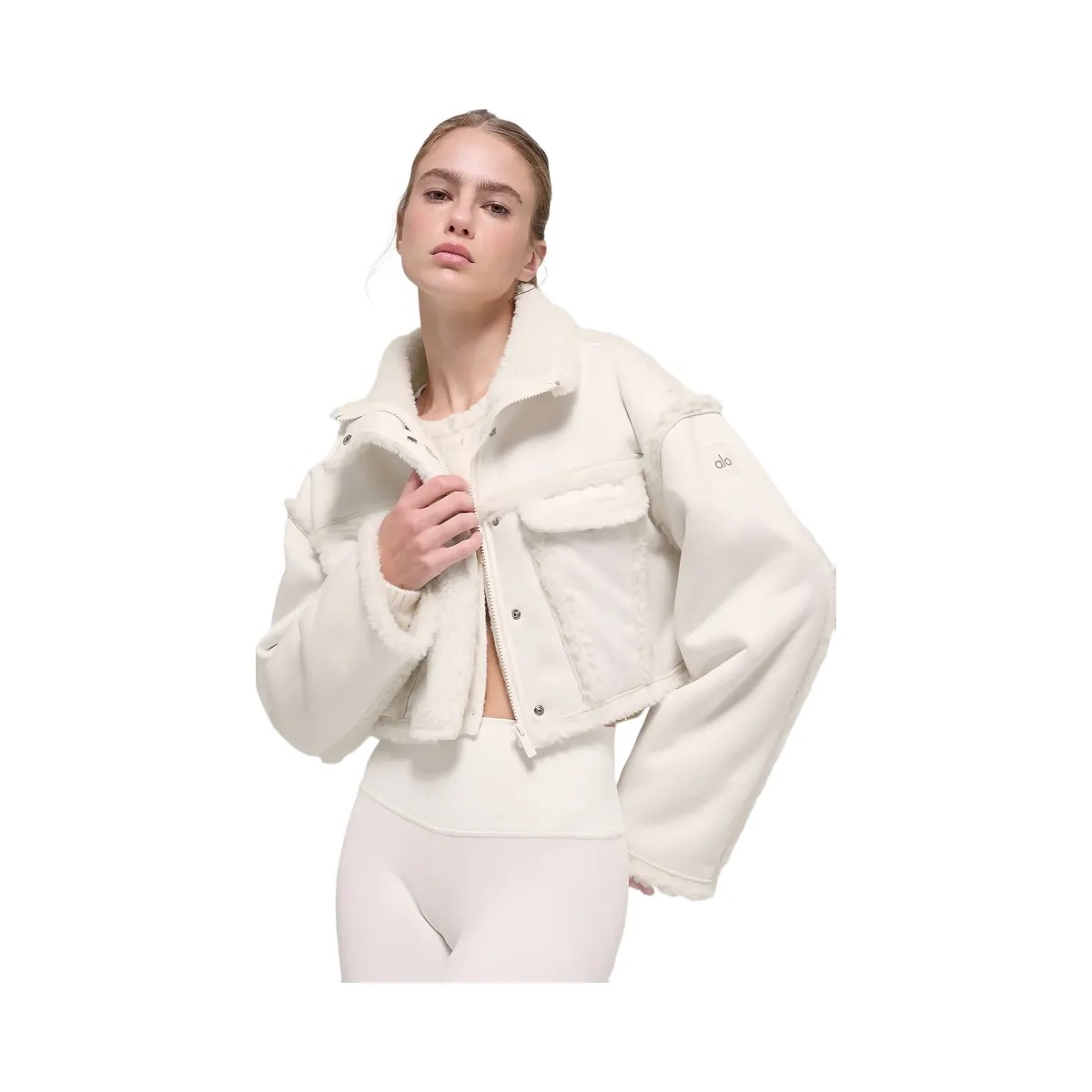Alo Women's Faux Shearling Snowfall Cropped Jacket - Ivory - HypeFly India View 5